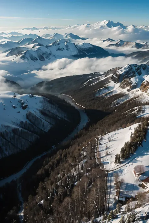 snowy foggy deep woods with mountains, from above