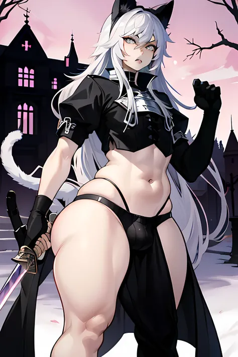 Femboy, Cat ears, Very long silver hair, slim and with thick thights, a tiny bulge, curvy , grey eyes, sharp tooth, holding proudly sword with his left hand, his right hand on his hips,with a mansion in the background
