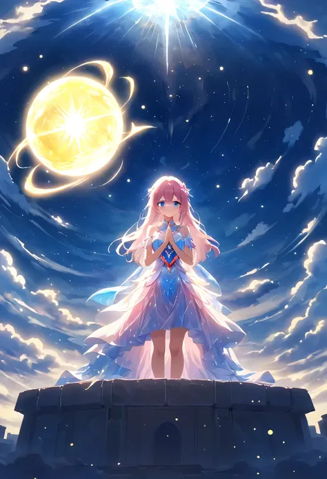 Magical girl stands on top of the altar，Her long hair spreads out in all directions like a flowing spring，dancing gently in the wind，It is as if connected to heaven and earth。She holds the sun, Moon and stars in her hands，Bright light shot from her palms，R...