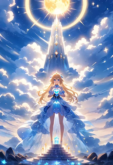 Magical girl stands on top of the altar，Her long hair spreads out in all directions like a flowing spring，dancing gently in the wind，It is as if connected to heaven and earth。She holds the sun, Moon and stars in her hands，Bright light shot from her palms，R...