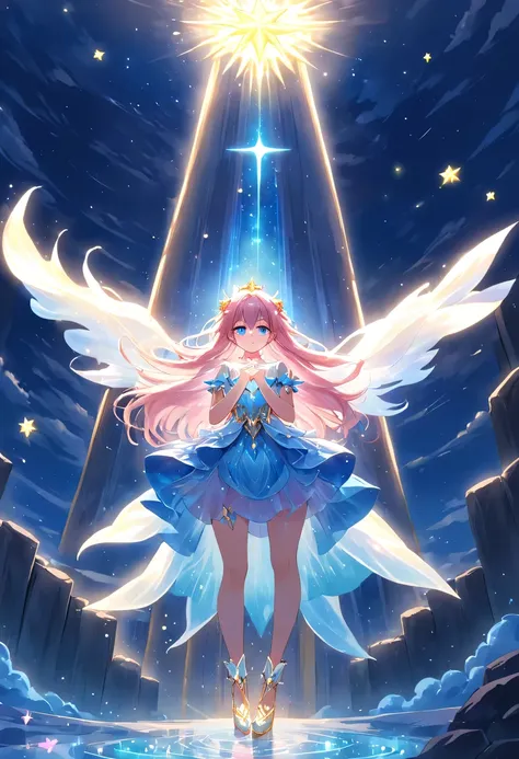 Magical girl stands on top of the altar，Her long hair spreads out in all directions like a flowing spring，dancing gently in the wind，It is as if connected to heaven and earth。She holds the sun, Moon and stars in her hands，Bright light shot from her palms，R...