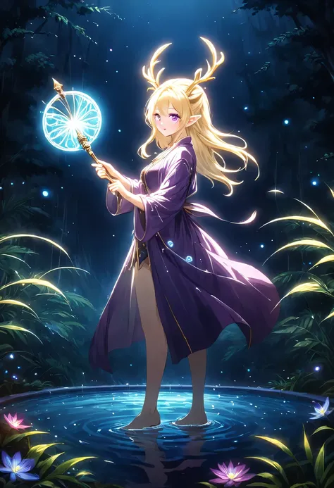 masterpiece，best quality，（Very detailed CG unified 8k wallpaper），（best quality），（Best Illustration），（best shadow），Very detailed pictures，entire character，photorealism，Surrealism，Girls casters，blonde，dark casters，Beautiful young conjurer wearing purple robe...