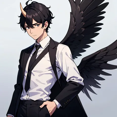 a man in a white shirt with a black tie and black trousers, who has six wings and one horn on his head