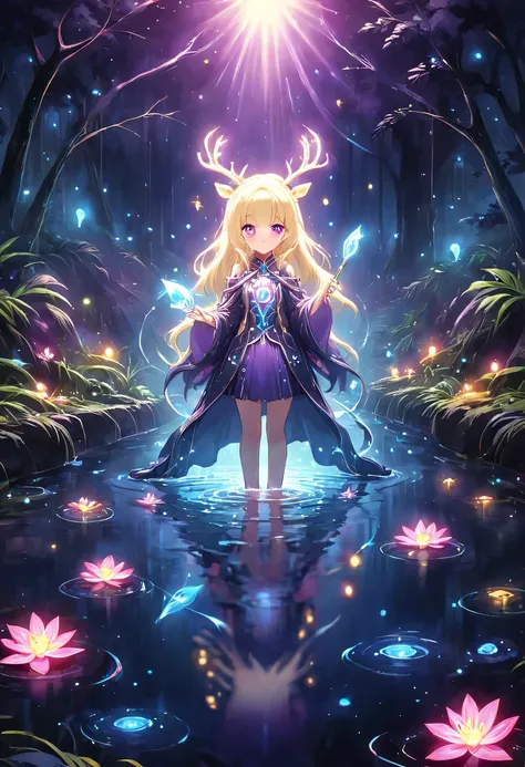 masterpiece，best quality，（Very detailed CG unified 8k wallpaper），（best quality），（Best Illustration），（best shadow），Very detailed pictures，entire character，photorealism，Surrealism，Girls casters，blonde，dark casters，Beautiful young conjurer wearing purple robe...