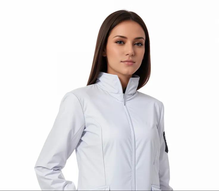 beautiful woman in a Branco jacket and black pants posing for a picture, complete view. Branco plastic, lab coat, Branco coat, lab coat, Branco lab coat, Branco jacket, lab coats, imagem oficial do produto, Branco uniform, wearing a Branco lab coat, Close-...