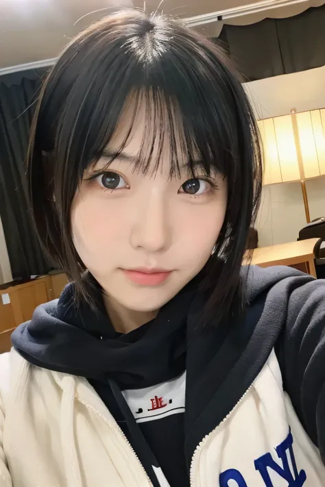 Self snap,Japan, Female college student, boyish hairstyle, black hair, round eyes, round face, cute, 8K,genuine