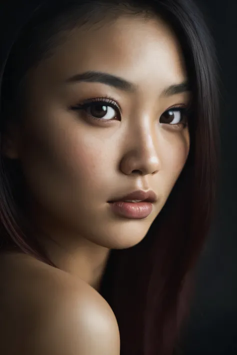 (close-up, editorial photograph of a young pretty asian woman), (highly detailed face:1.4) (smile:0.7) (background inside dark, moody, private study:1.3) POV, by lee jeffries, nikon d850, film stock photograph ,4 kodak portra 400 ,camera f1.6 lens ,rich co...