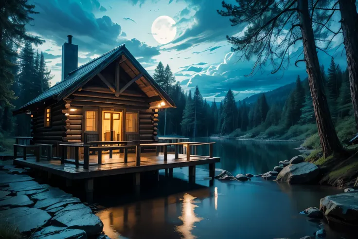 A cabin by a creek , moonlight , in front of a forest , clouds , bathing jetty