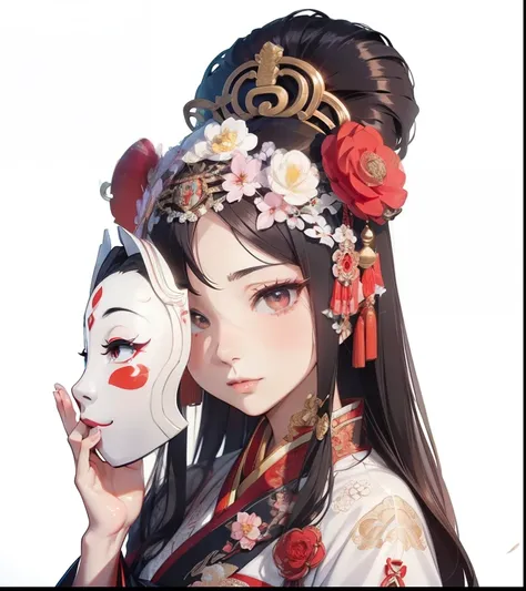 masutepiece, High resolution, 8K, anime woman, Delicate and detailed writing 、a close up of a woman holding a mask with flowers in her hair, a picture inspired by Lan Ying, tumblr, baroque, hanfu, palace ， a girl in hanfu, chinese costume, peking opera, 中 ...