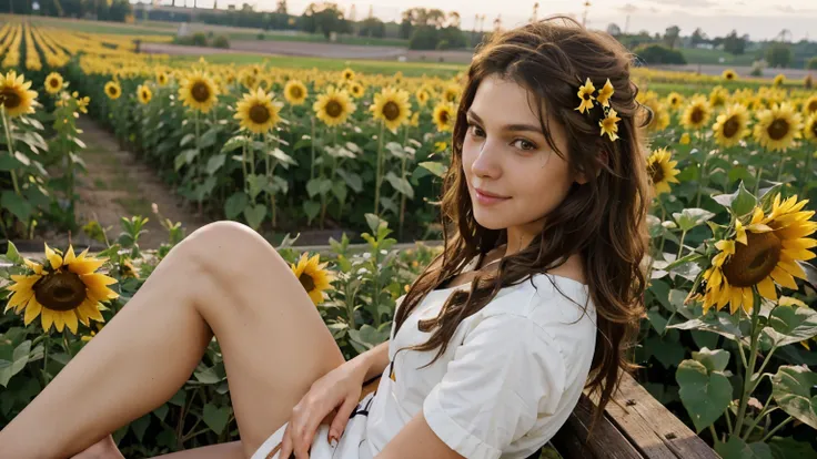 (masterpiece, best quality) 1girl, kassandraassaody, solo, long hair, brown hair, brown eyes, sitting in a sunflower field, smil...