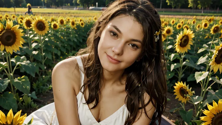 (masterpiece, best quality) 1girl, KassandraAssaOdy, solo, long hair, brown hair, brown eyes, sitting in a sunflower field, smiling, flower in hair
