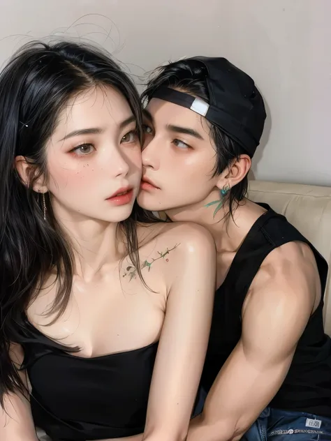 there are two people kissing on the couch, pose de pareja, cai xukun, kissing us together beautifully, taejune kim, pareja adora...