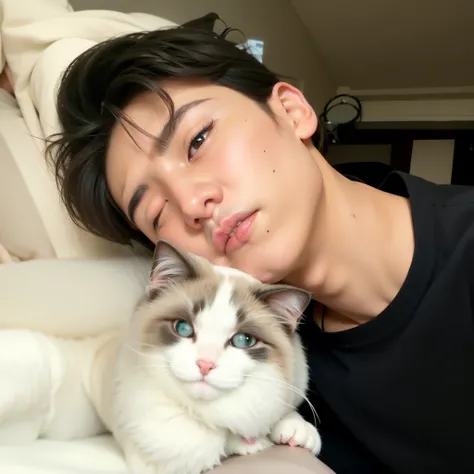 Hay un hombre acostado en la cama con un gato en su regazo, park jimin BTS, hsiao-ron, kim doyoung, pale korean adorable face, Cara hermosa y cara hermosa, TaeJune Kim, asian man, cara perfecta y chico, pintar ulzzang, ruan jia y brom, with beautiful lovin...