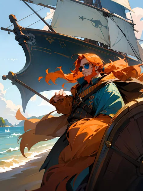 1male, adult, orange hair, wavy hair, pony tail, beard, sunglasses, pirate outfit, azure poncho, azure cowl, pirate ship, masterpiece quality