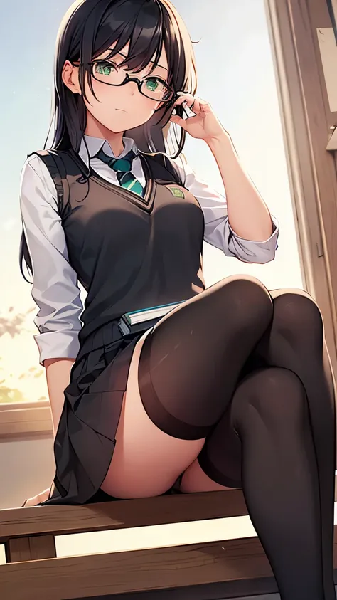 1girl, solo, black hair, green eyes, glasses, school vest with sleeves, necktie, long skirt, thigh highs, reading a book, looking up at viewer, sitting on top of window sill, knees raised, library setting, calm atmosphere, sunny day, wallpaper