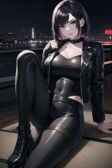 ((best quality)), ((masterpiece)), (detailed), perfect face, female, Ada Wong hair, green eyes, fair skin, chiseled face, Japanese, sneering, leather jacket, skin-tight black pants, black heeled boots, Tokyo city, night