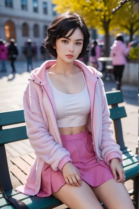 gorgeous cute Austrian girl, (casual crop top), short black loose hair, sitting on a bench in a pink jacket and black boots, a portrait by Emma Andijewska, trending on pexels, realism, wearing a pastel pink hoodie, wearing a pink hoodie, pink fur, korean w...