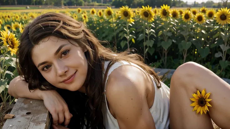 (masterpiece, best quality) 1girl, KassandraAssaOdy, solo, long hair, brown hair, brown eyes, sitting in a sunflower field, smiling, flower in hair
