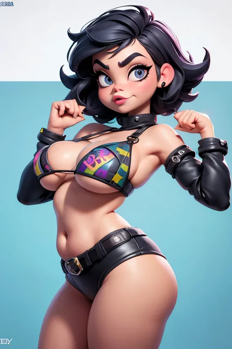 punk girl (Sarah Hyland)), urban, voluptuous chubby belly, (((pixar))), dynamic pose, very tight micro string bikini, very short hair, thick eyebrows, very pale wet skin, coluptuous wide hips