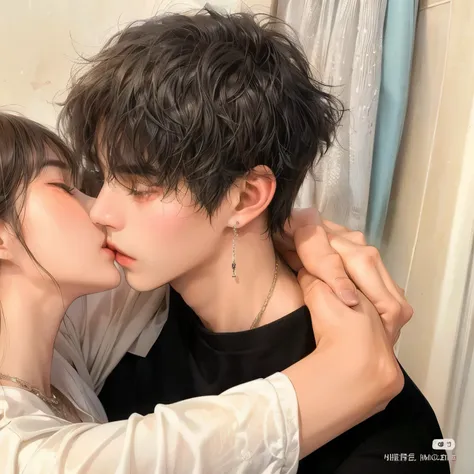 There is a man and a woman kissing in a bathroom, cai xukun, kissing together cutely, yanjun chengt, kissing together, ❤🔥🍄🌪, Gyula Marton Beso ( kimagu ), hermoso beso, 1 7-year-old boy with a thin face, pareja adorable, couple kissing, pose de pareja, kan...