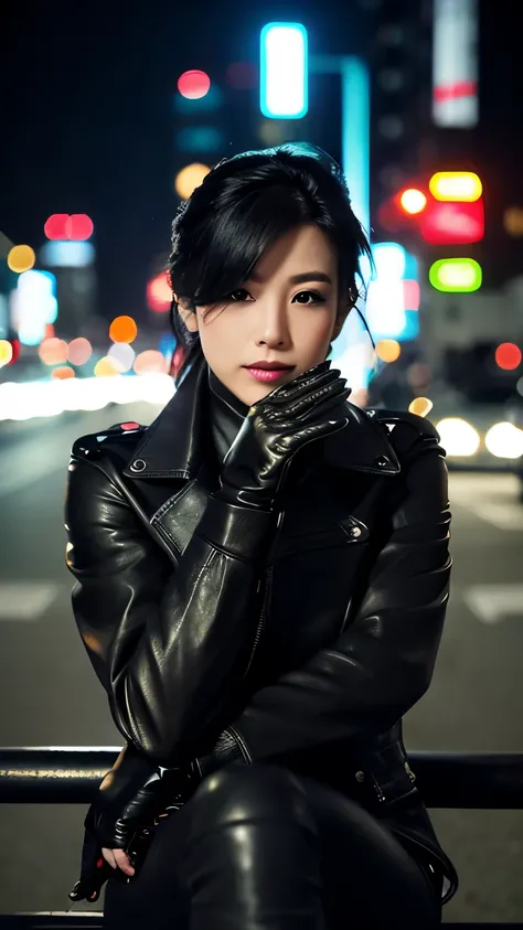 Black leather riders jacket, Office in the Dark, Black leather glove fingertips on both hands,Wearing black leather gloves,Sitting in a black leather chair、 Japan Female New Employees (Black leather gloves cover both hands) (The angle is sideways)、Black Le...