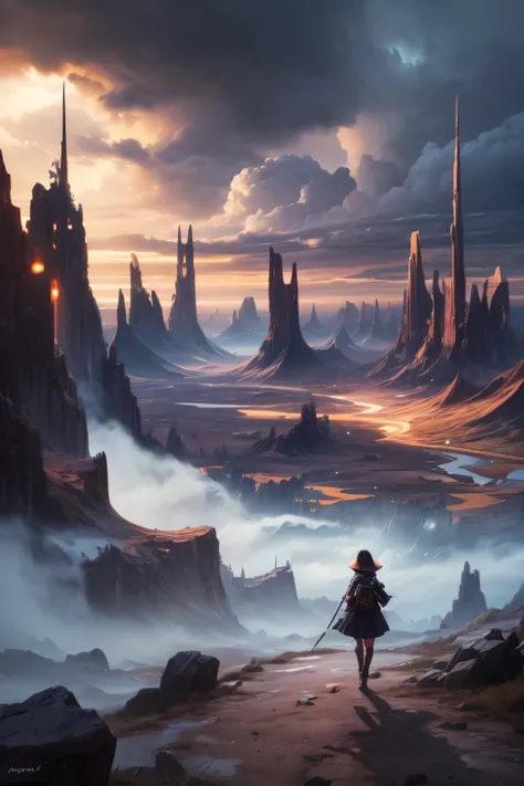 "((Adventurous))(( girl)), exploring alien landscapes, dramatic cloudscape, vast horizon, cinematic framing, rule of thirds, dynamic composition, stormy weather, powerful presence of the eye in the sky"