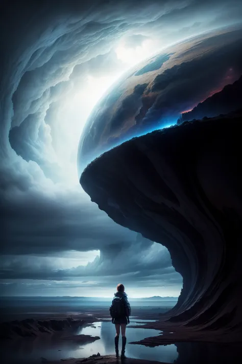 "((Adventurous))(( girl)), exploring alien landscapes, dramatic cloudscape, vast horizon, cinematic framing, rule of thirds, dynamic composition, stormy weather, powerful presence of the eye in the sky"