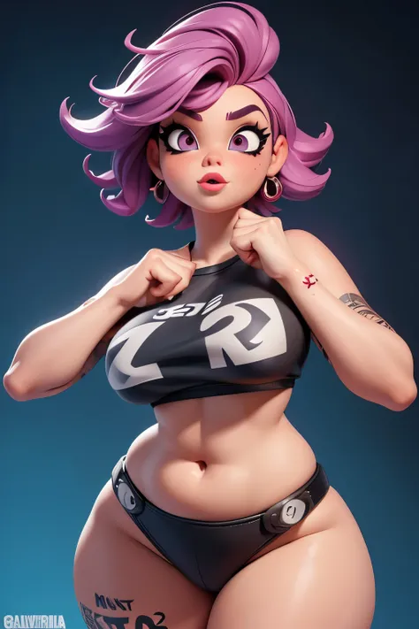 punk girl ((Maria Fernanda Galvão)), urban, voluptuous chubby belly, (((pixar))), dynamic pose, very tight micro string bikini, very short hair, thick eyebrows, very pale wet skin, voluptuous wide hips