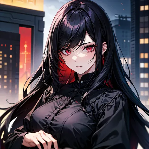 A pretty beautiful lady, red eyes and black hair, long hair, looking at you fiercely, blue blouse,  all black mafia attire, a human, modern era, nighttime, house, close up.