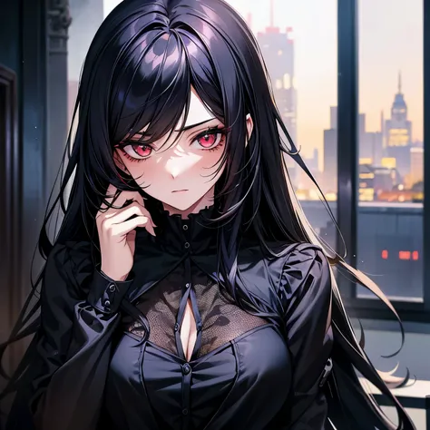 A pretty beautiful lady, red eyes and black hair, long hair, looking at you fiercely, blue blouse,  all black mafia attire, a human, modern era, nighttime, house, close up.