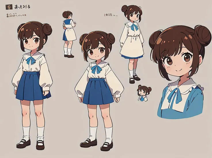 (best quality,ultrares,masterpiece:1.2) reference sheet of 1 asian 6 years old school girl, concept art,full body character design, character sheet, simple background, brown hair in low bun, brown eyes, smiling, detailed face (((she is wearing a white blou...