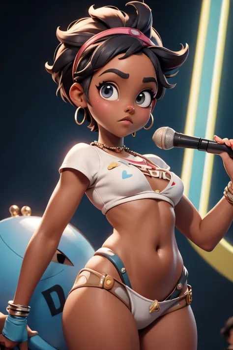 punk girl ((Lupita Nyongo)), urban, voluptuous chubby belly, (((pixar))), dynamic pose, very tight micro string bikini, very short hair, thick eyebrows, very black skin, voluptuous wide hips