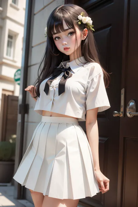 Girl in white pleated skirt