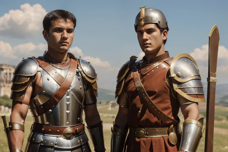 Mitilene, 77 BC. A young ((((21-year-old)) Julius Caesar)), with his friend ((Tito Labieno)), war, battle, fight. ((((roman legionary clothings and armor from the 1st century BC))))