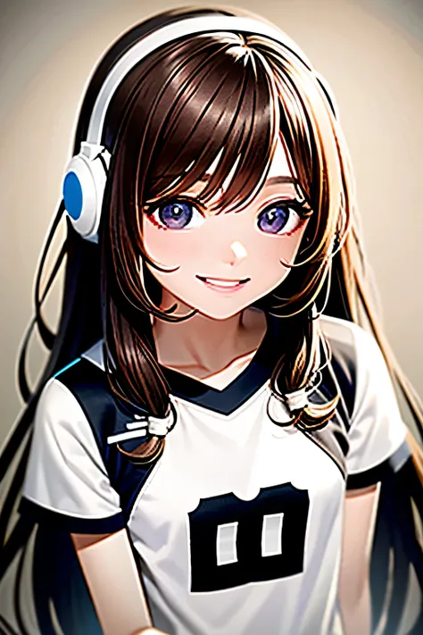 brown hair、black eye、long hair、Lowered hair、angle from above、looking at the viewer、White headphones、A simply dressed、smile、White jersey、no background