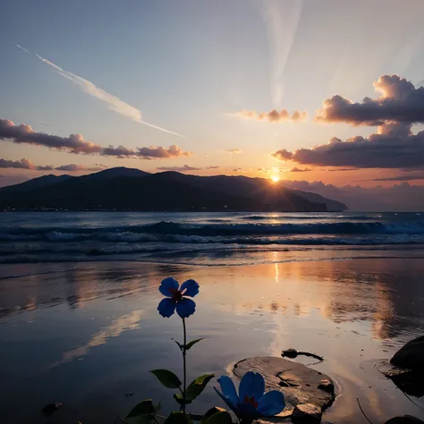 Blue flower over sunset