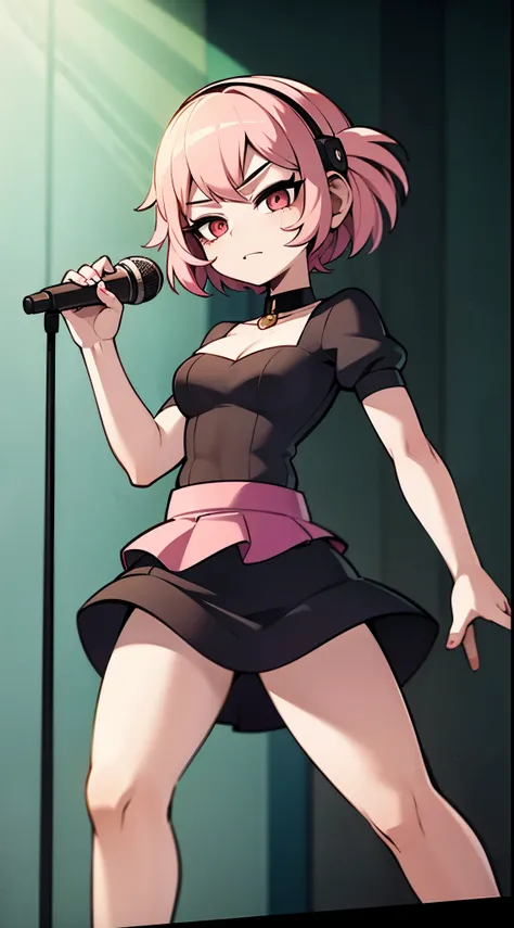 Obra maestra, la mejor calidad, Anime image of a girl with very short pink hair, has headphones, wears a Gothic dress and is on a stage tasting and dancing while holding a microphone