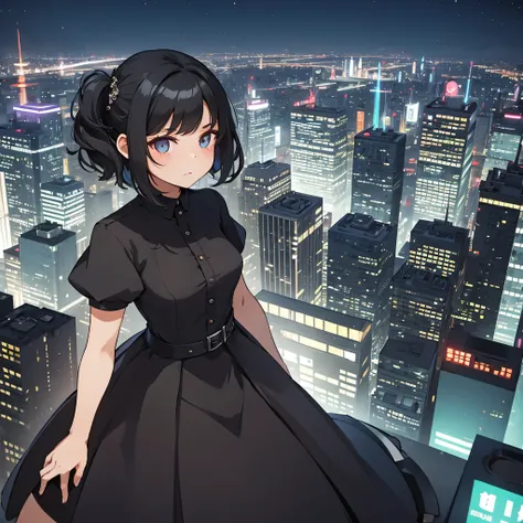 night city, girl with black hair in a dress, stands on the side.