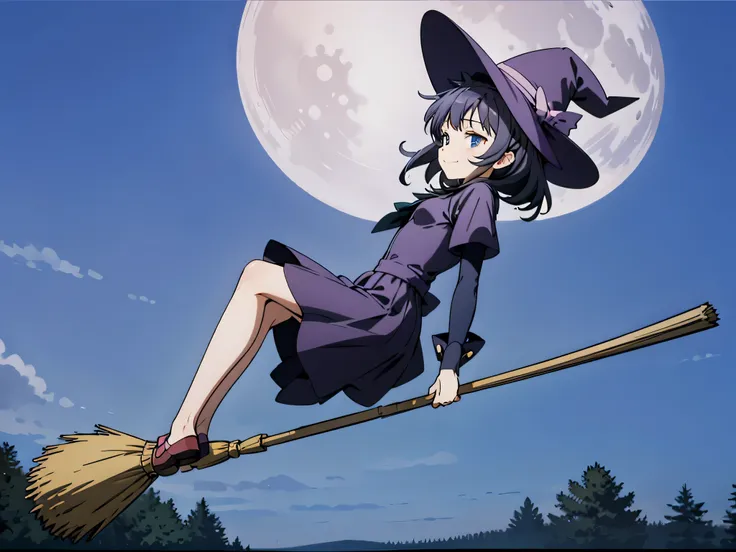 Magical girl, witch hat, broom,broom riding,sitting,straddle, Straddling the broom, lying in the moonlight, Refreshing, From the side, (masterpiece), (highest quality), (Ultra high detail)