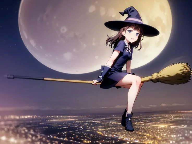 Magical girl, witch hat, broom, broom riding,sitting, straddle, straddle the broom, Flying through the moonlit night, The sky above the Dutch city, Refreshing, From the side, (masterpiece), (highest quality), (Ultra high detail)