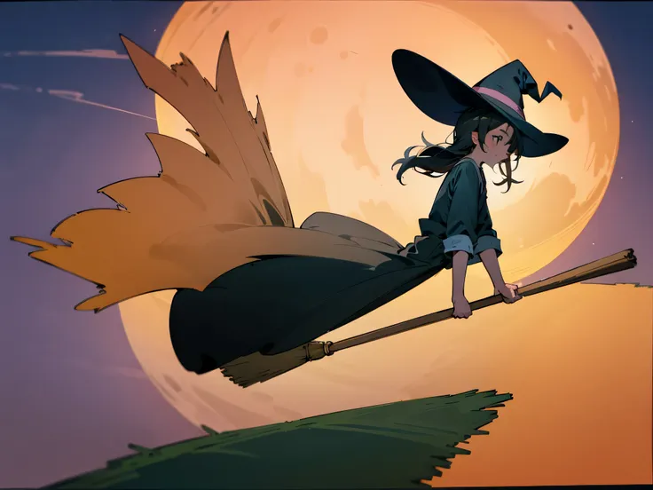 Magical girl, witch hat, broom, broom riding,sitting, straddle, straddle the broom, Flying through the moonlit night, The sky above the Dutch city, Refreshing, From the side, (masterpiece), (highest quality), (Ultra high detail)