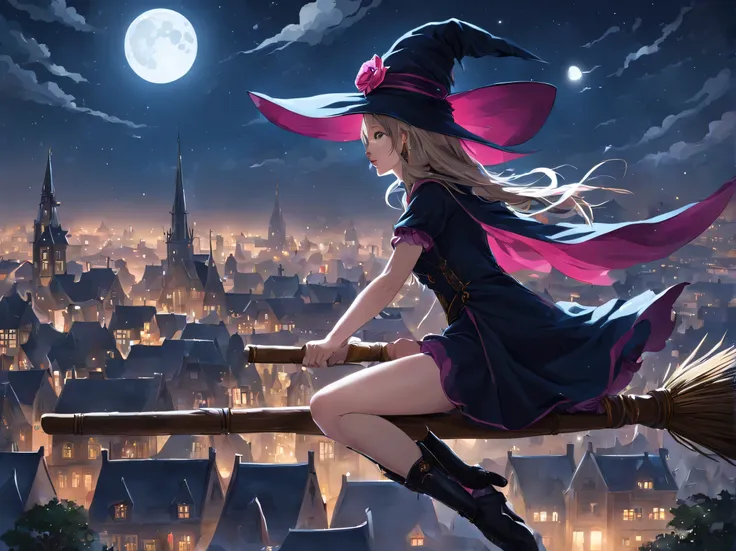 magical girl, witch hat, broom, broom riding,sitting, straddle, straddle the broom, flying through the moonlit night, the sky ab...