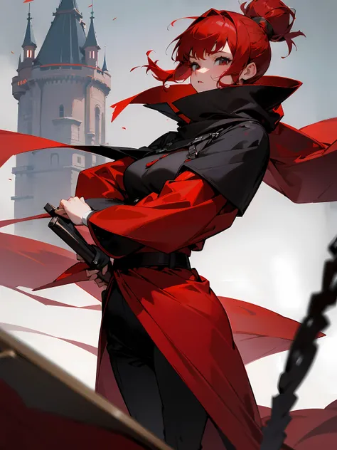 1female, adult, busty, red hair, short hair, top knot, red cowl, red poncho, black long sleeve shirt, black baggy pants, masterpiece quality, castle