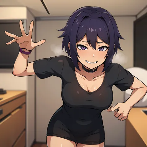 NSFW anime style image of a purple haired lesbian girl wearing only a black shirt and standing in a room smiling in a perverted and lustful manner 