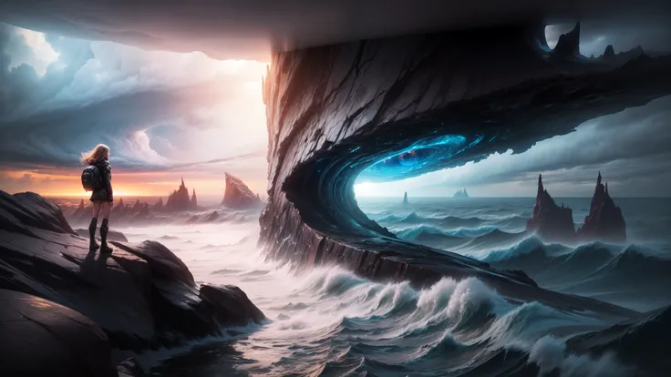 "((Adventurous))(( girl)), exploring alien landscapes, dramatic cloudscape, vast horizon, cinematic framing, rule of thirds, dynamic composition, stormy weather, powerful presence of the eye in the sky"