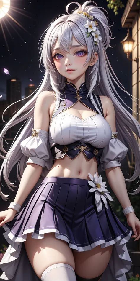 actual, 1 girl, white hair, purple eyes, glowing eyes, crop top, skirt, open lips, blush, night, flowers, sun, sunlight,