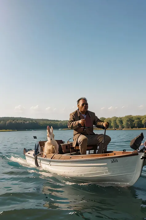 Grandfather Mozai rescues hares from the water, sitting in a boat on the lake. Hares are sitting in a boat, several hares in the lake. Grandfather Mozai leans over the side of the boat and pulls hares out of the water.