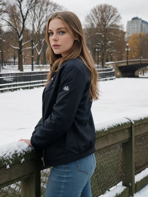 A captivating photo of a beautiful young woman with brunette hair with blonde highlights, about 23 years old and dark blue eyes, with huge DD cup breasts,in black jacket standing on a bridge in a park, with a park in the background, in a city park, only sn...