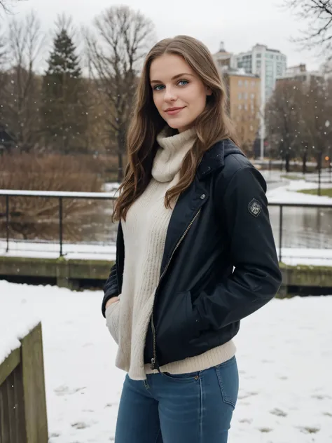 A captivating photo of a beautiful young woman with brunette hair with blonde highlights, about 23 years old and dark blue eyes, with huge DD cup breasts,in black jacket standing on a bridge in a park, with a park in the background, in a city park, only sn...