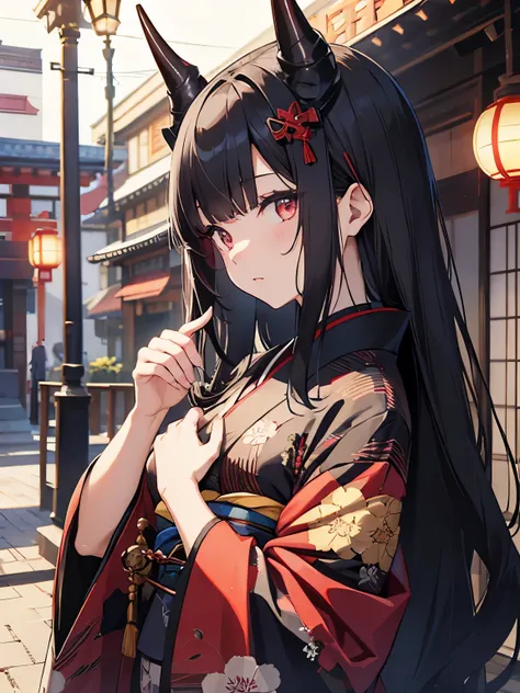 A black-haired girl with Japanese demon horns.、long hair、kimono